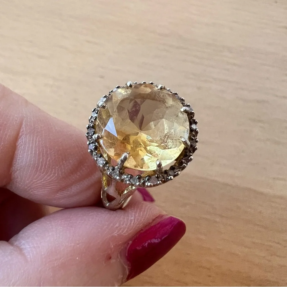 VINTAGE ROUND YELLOW CITRINE CZ STERLING SILVER RING